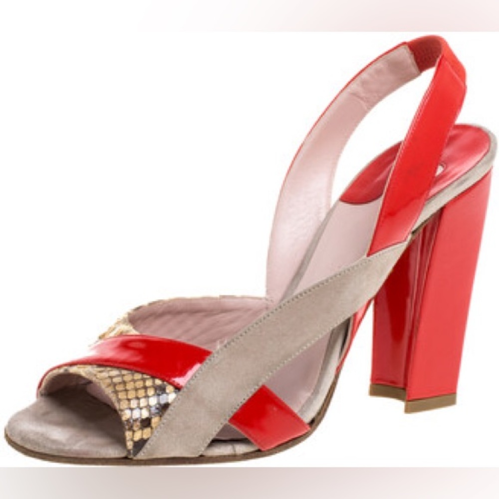Chloé Snakeskin & Suede Slingback Heels – Red/Taupe, Made in Italy, Size 38